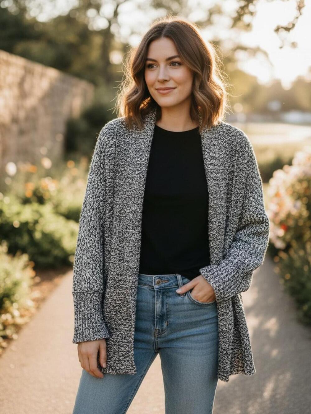 LOFT Ann Taylor Marled Cardigan Large Cozy Open Front Grandmacore Sweater